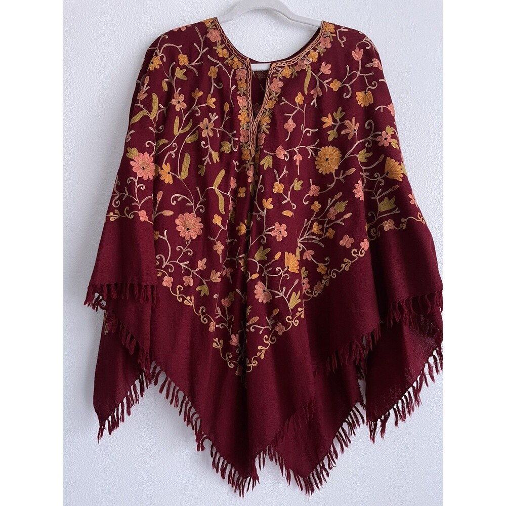 Vintage Poncho Shawl Wool Floral Women Girl One Size Embroidery Burgundy Autumn
